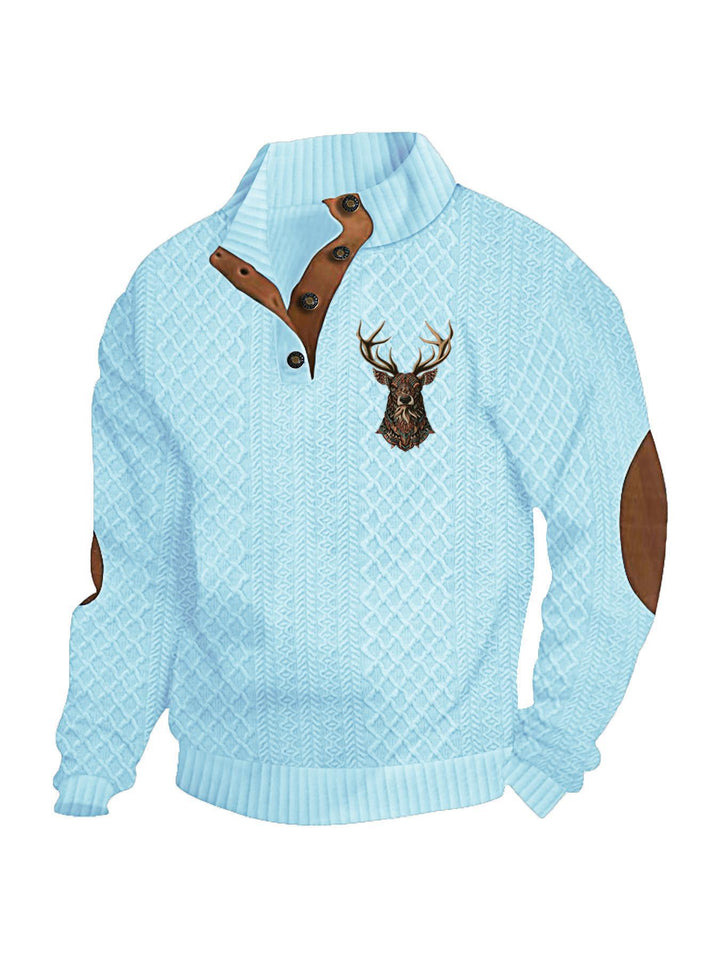 Men's nan Heritage textured pullover with stand-up collar faux leather trim elbow patches and half-button placket StylebySassy