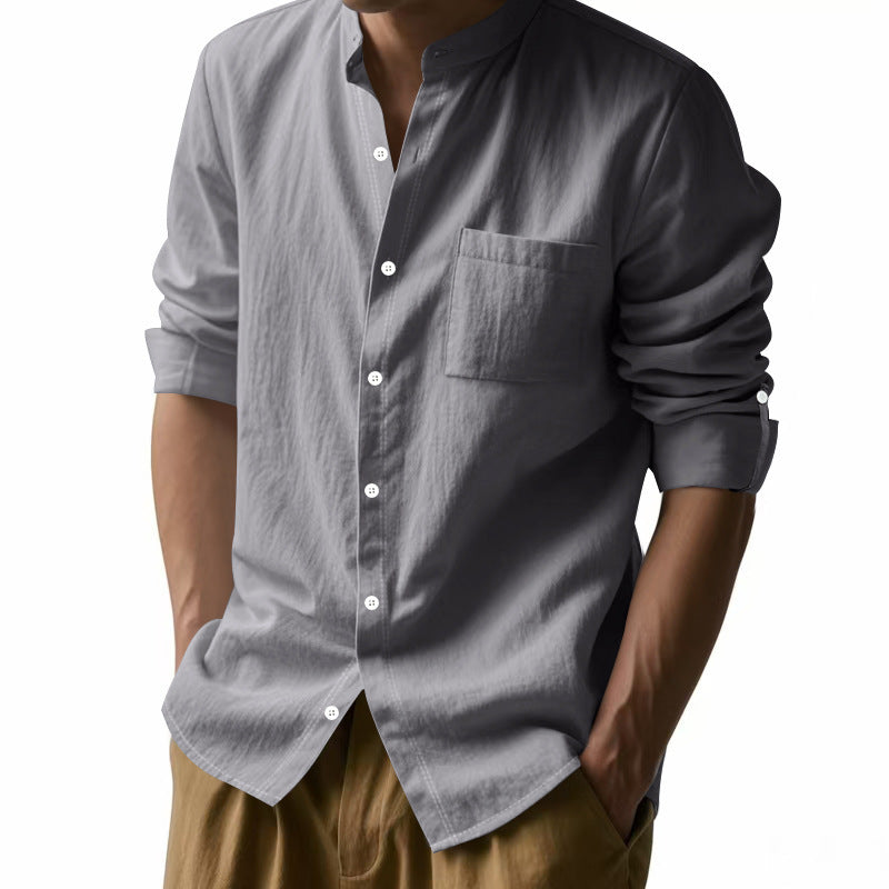 Men's linen-cotton shirt with stand-up collar, roll-up sleeves, and chest pocket StylebySassy