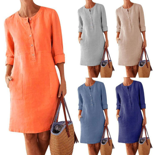 Women’s Lightweight Linen Dress with Practical Pockets and Trendy Button Design StylebySassy