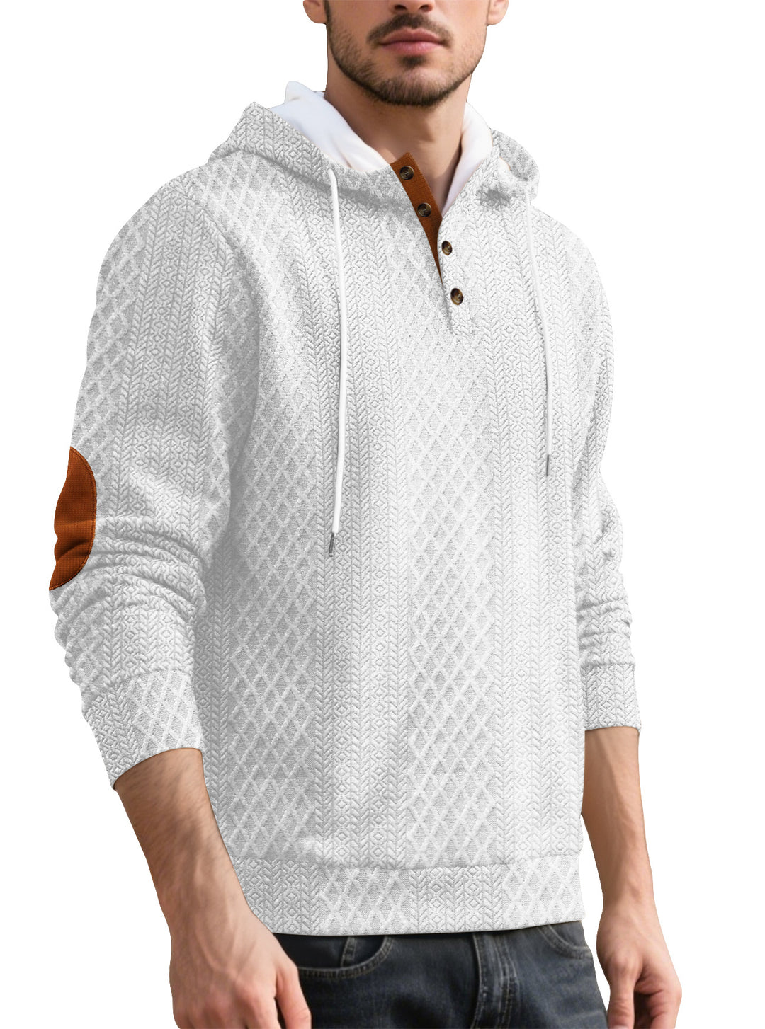 Men's nan diamond structure hoodie with short button placket, quilted hood inner edge, and suede elbow patch StylebySassy