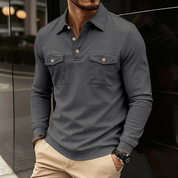 Men's fitted long sleeve polo shirt with shirt collar and applied breast pockets StylebySassy