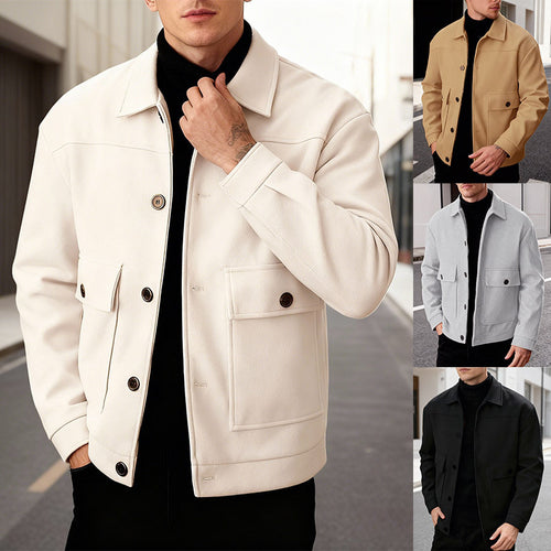 Men's short wool field jacket with shirt collar, flap pockets, and clear silhouette StylebySassy