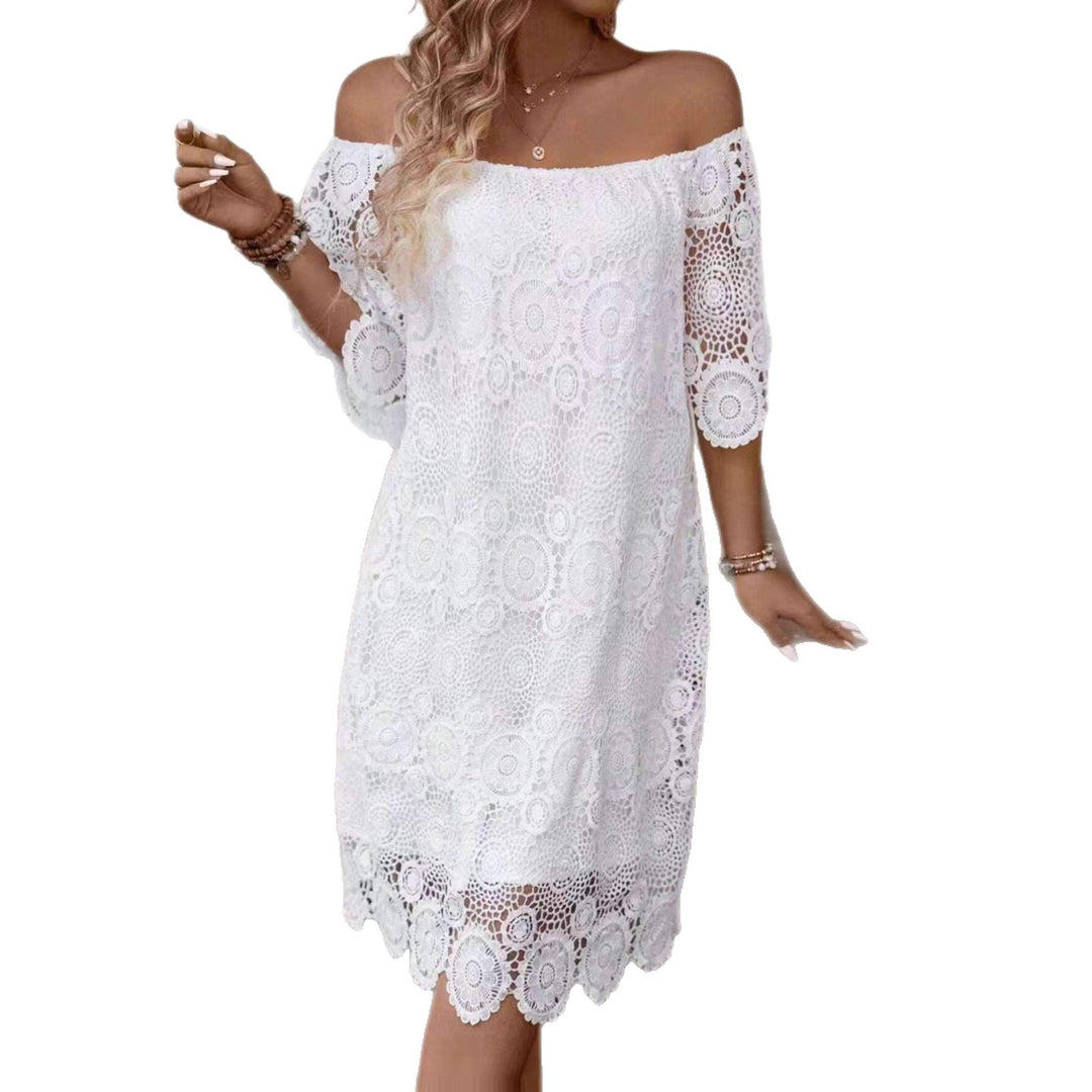 Women's off-shoulder crochet midi dress with sweetheart neckline and floral lace trim StylebySassy