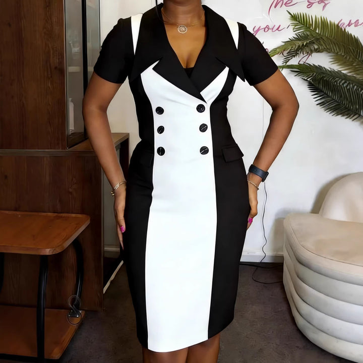 Women's Elegant Sheath Dress with Two-Tone Design and Tailored Accents StylebySassy