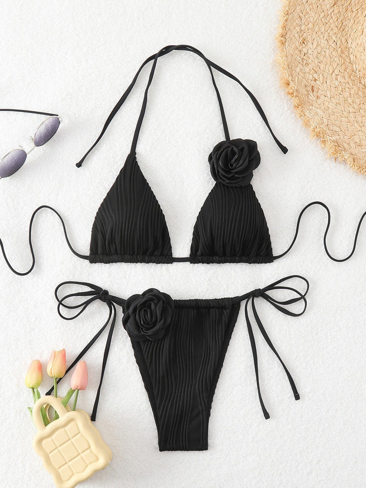 Women's triangle bikini with floral accents and sophisticated ribbed design StylebySassy