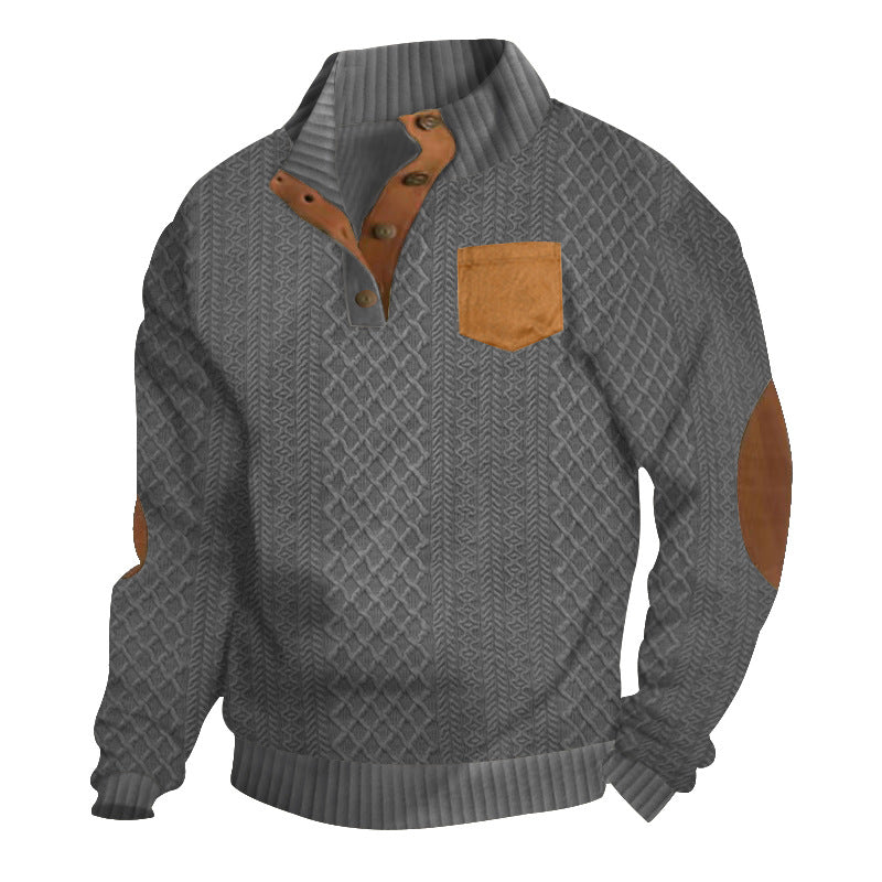 Men's cable-knit sweater with stand collar, button placket, patch breast pocket, and leather-look elbow patches StylebySassy
