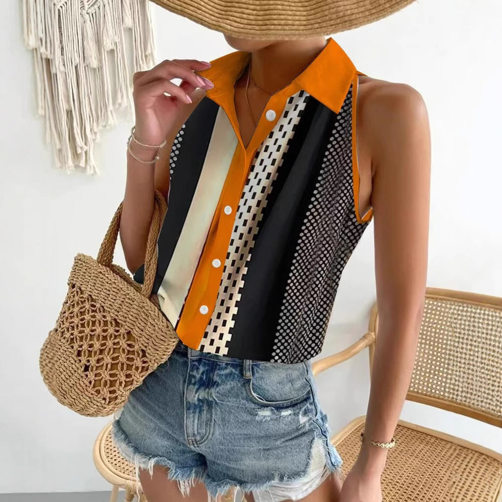 Women's sleeveless blouse top with shirt collar, continuous button placket and asymmetrical panel print StylebySassy