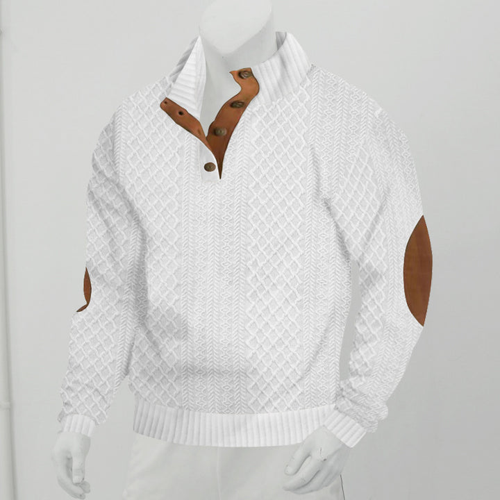 Men's cable knit turtleneck with stand-up collar, half button placket, and contrasting leather applications StylebySassy