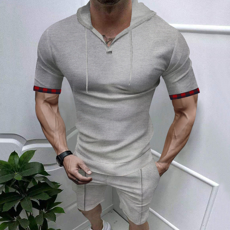 Men's summery hooded lounge set in lightweight waffle texture with short sleeve hoodie Henley opening and comfortable shorts StylebySassy