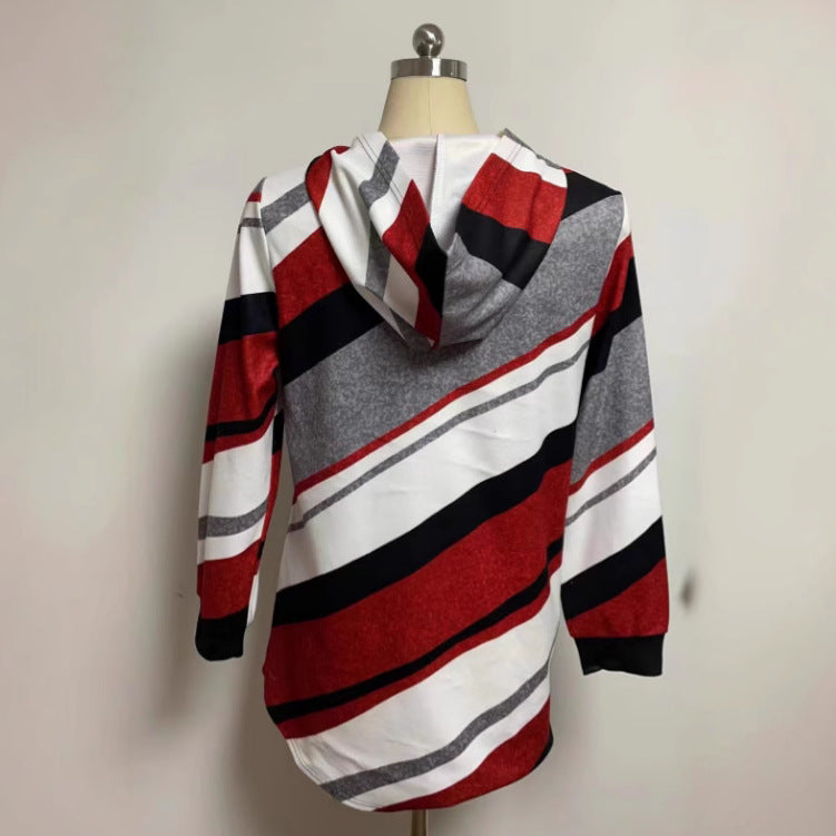 Women's longline hoodie jacket with diagonal stripe pattern, ring zipper and side pockets StylebySassy
