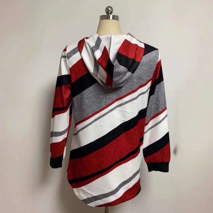 Women's longline hoodie jacket with diagonal stripe pattern, ring zipper and side pockets StylebySassy