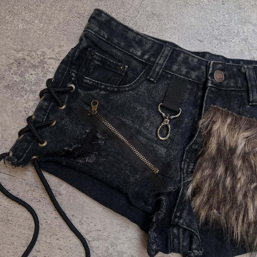 Ladies fashionable denim shorts with unique lacing details and faux fur appliqué StylebySassy