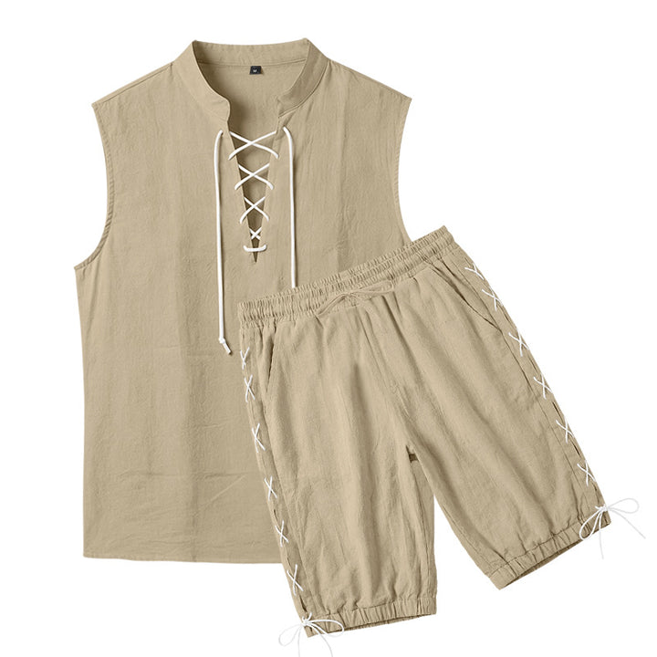 Men's sleeveless leisure set with lace collar and drawstring Bermuda StylebySassy