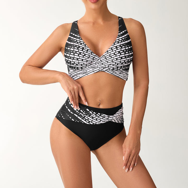 Women's High-Waisted Bikini Set with Laced Top and Graphic Accents StylebySassy