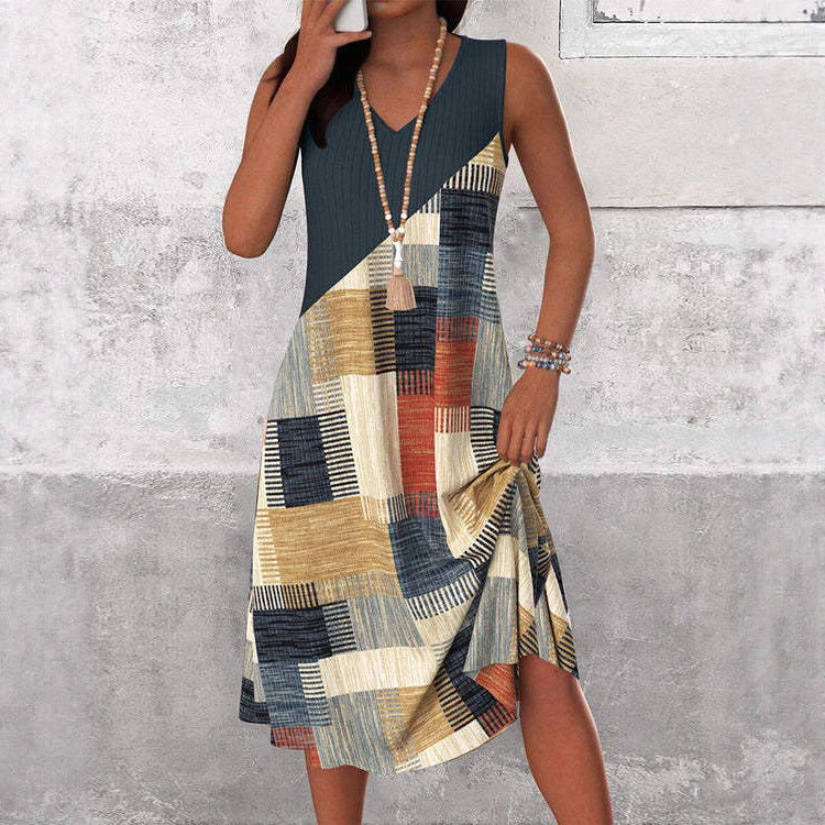 Ladies' sleeveless V-neck midi dress with diagonal patchwork pattern and ribbed top StylebySassy