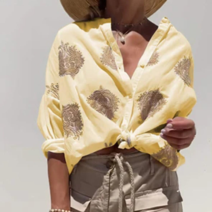 Women's oversized shirt blouse with knot front and paisley embroidery StylebySassy