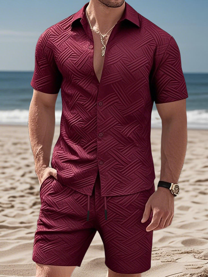 Men's embossed beach ensemble with open short sleeve shirt and cord Bermuda StylebySassy