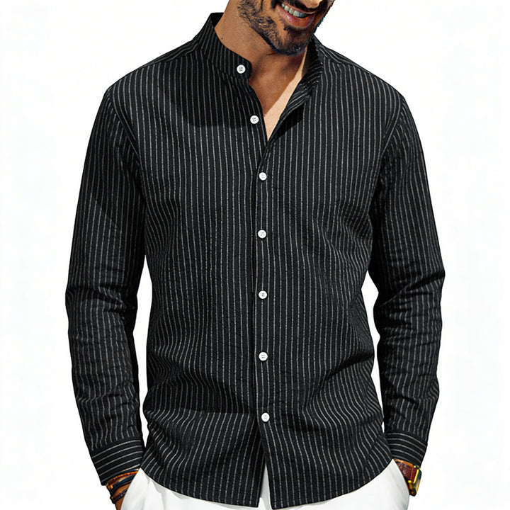 Men's striped stand-up collar shirt made of linen-cotton blend with button placket StylebySassy
