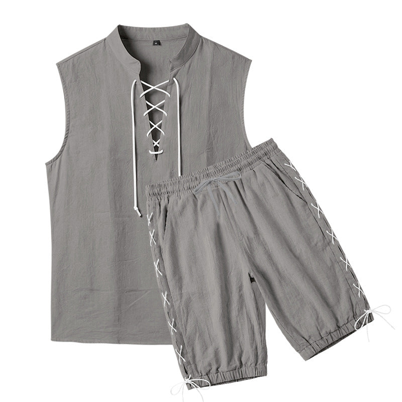 Men's sleeveless leisure set with lace collar and drawstring Bermuda StylebySassy