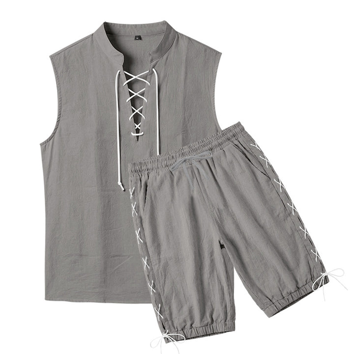 Men's sleeveless leisure set with lace collar and drawstring Bermuda StylebySassy