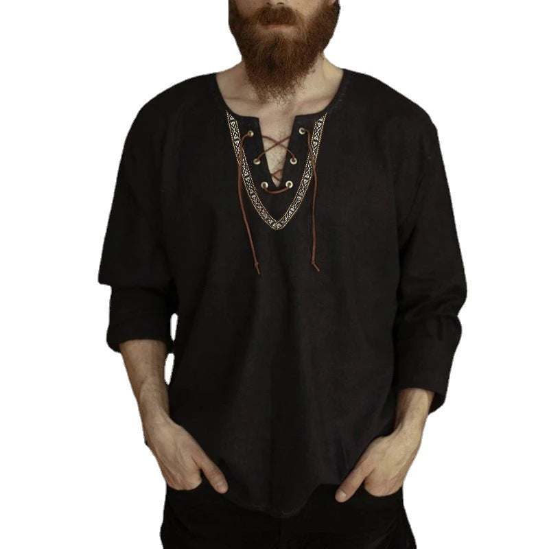 Men's linen tunic shirt with lacing and ethnic border StylebySassy