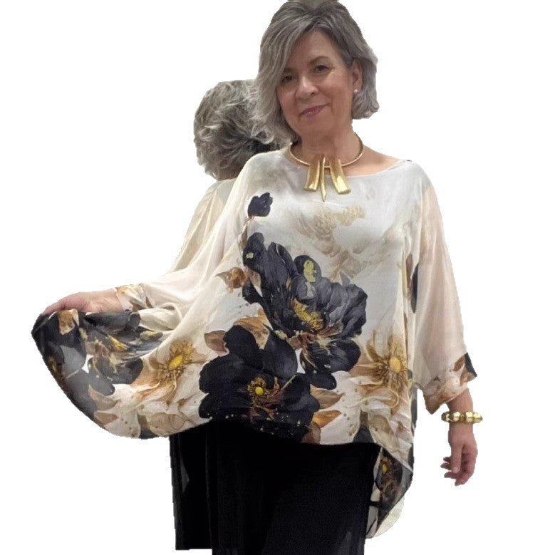 Ladies nan elegant chiffon tunic with bat sleeves and asymmetrical hem StylebySassy