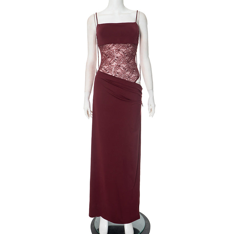 Women's Sleeveless Maxi Dress with Lace Waist Insert