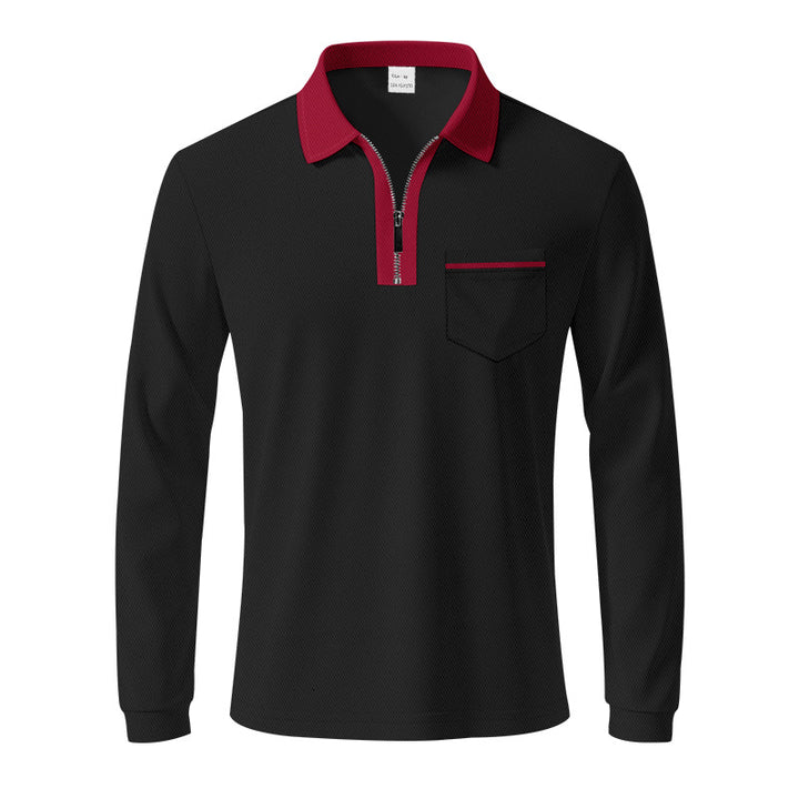 Men's long-sleeved polo with half zip, patch chest pocket, and fine structure jersey quality StylebySassy