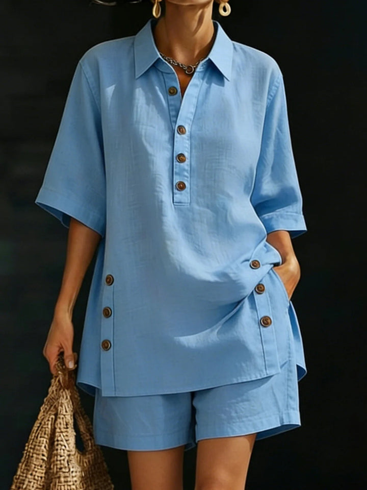 Women's airy linen-look two-piece set with oversized shirt blouse, button placket, and Bermuda shorts StylebySassy