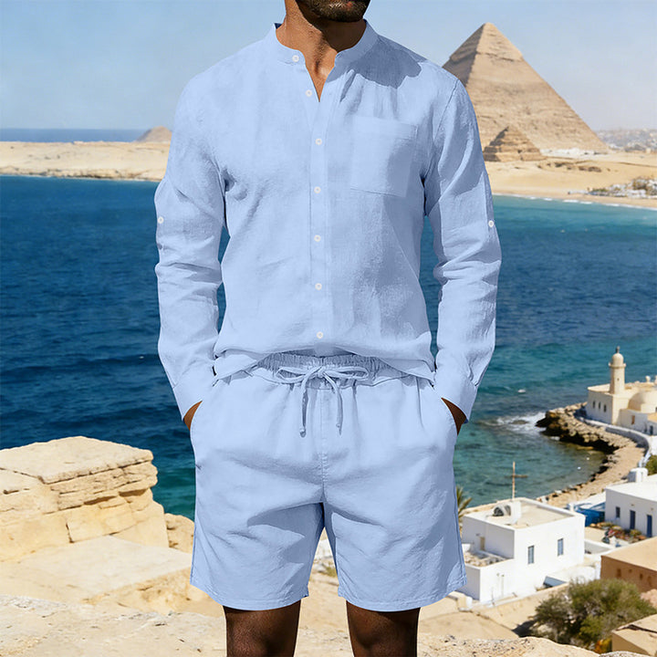 Men's casual linen set with stand collar shirt and drawstring shorts StylebySassy