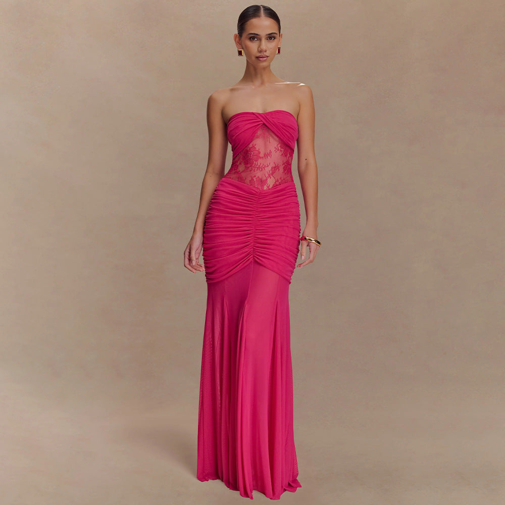 Women's Strapless Maxi Dress with Refined Draping and Lace Mix StylebySassy