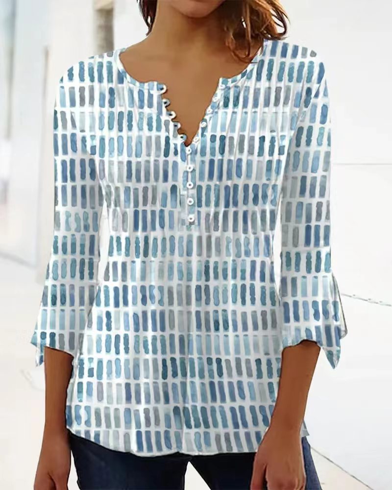 Women nan airy light watercolor print blouse shirt with Henley button placket and three-quarter bell sleeves StylebySassy