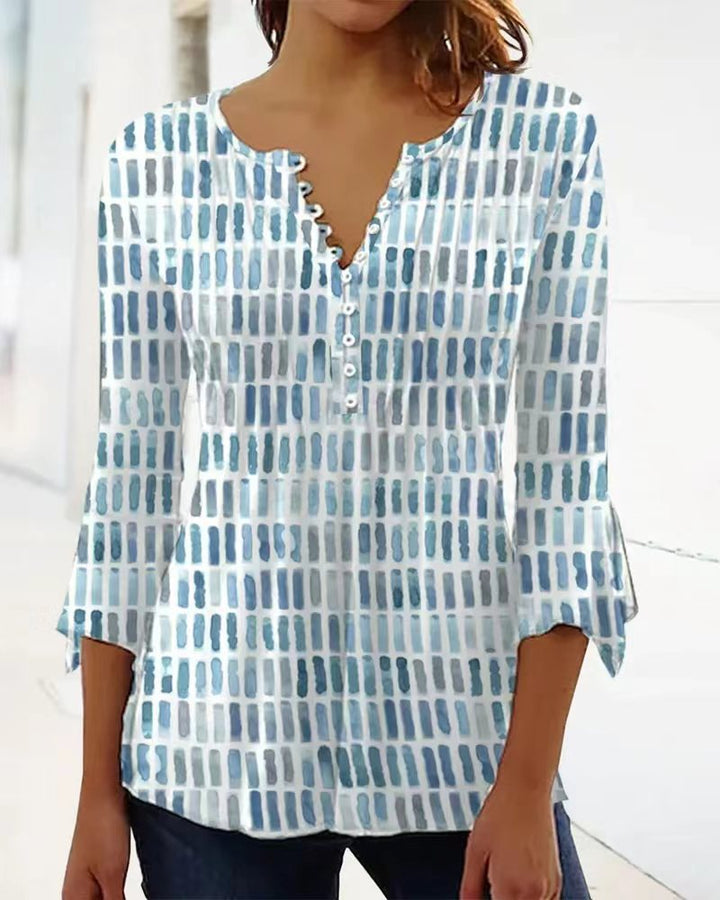Women nan airy light watercolor print blouse shirt with Henley button placket and three-quarter bell sleeves StylebySassy