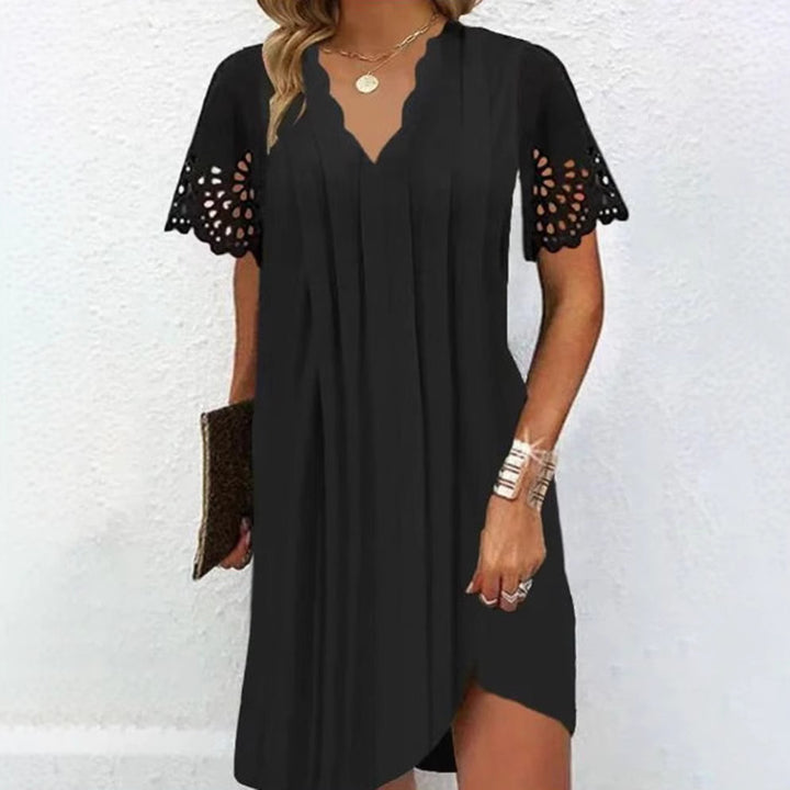Women's A-line short dress with wavy V-neck, lace embroidery sleeves and asymmetrical hem StylebySassy