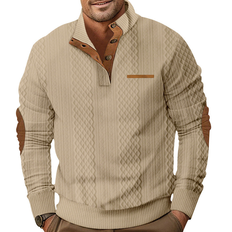 Men's knitted pullover with stand-up collar, button placket and elbow patches StylebySassy