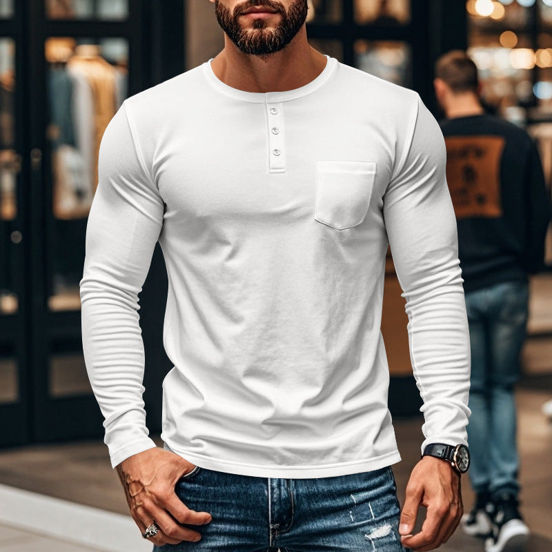 Men's slim long-sleeve button shirt with short button placket and chest pocket StylebySassy