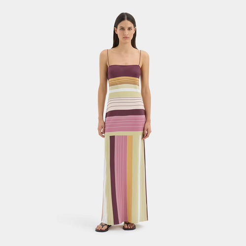 Women's figure-hugging maxi dress with spaghetti straps, straight neckline, panel stripes, and side slit StylebySassy