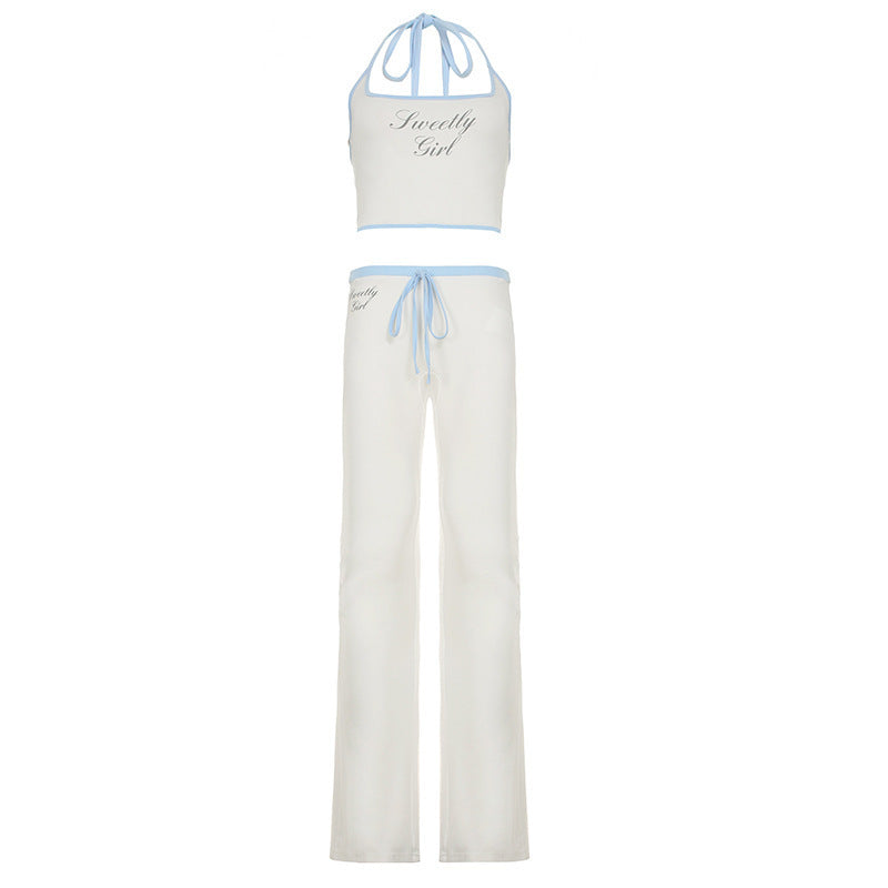 Women Casual Sleeveless Set with High Cut Top and Wide Leg Pant