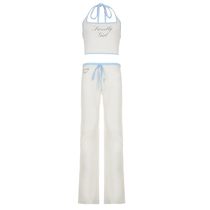Women Casual Sleeveless Set with High Cut Top and Wide Leg Pant