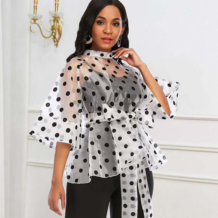 Women's chiffon blouse with transparent polka dots design and fitted tie belt StylebySassy