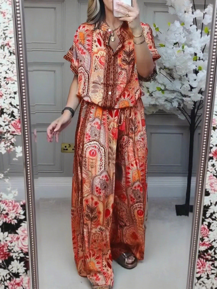 Women's Boho two-piece made of lightweight viscose with short-sleeve blouse, button placket, drawstring waistband, and wide palazzo pants StylebySassy