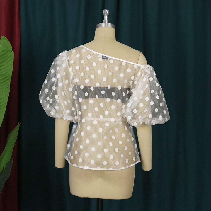 Women's Playful Blouse with Transparent Polka Dots Design and Puff Sleeves StylebySassy