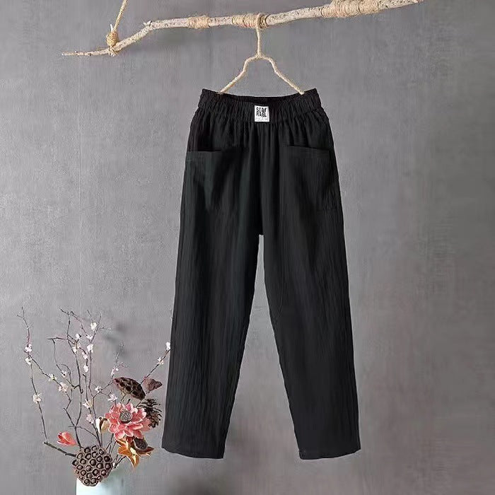 Ladies casual linen blend trousers with elastic waistband, straight leg, and large patch pockets StylebySassy