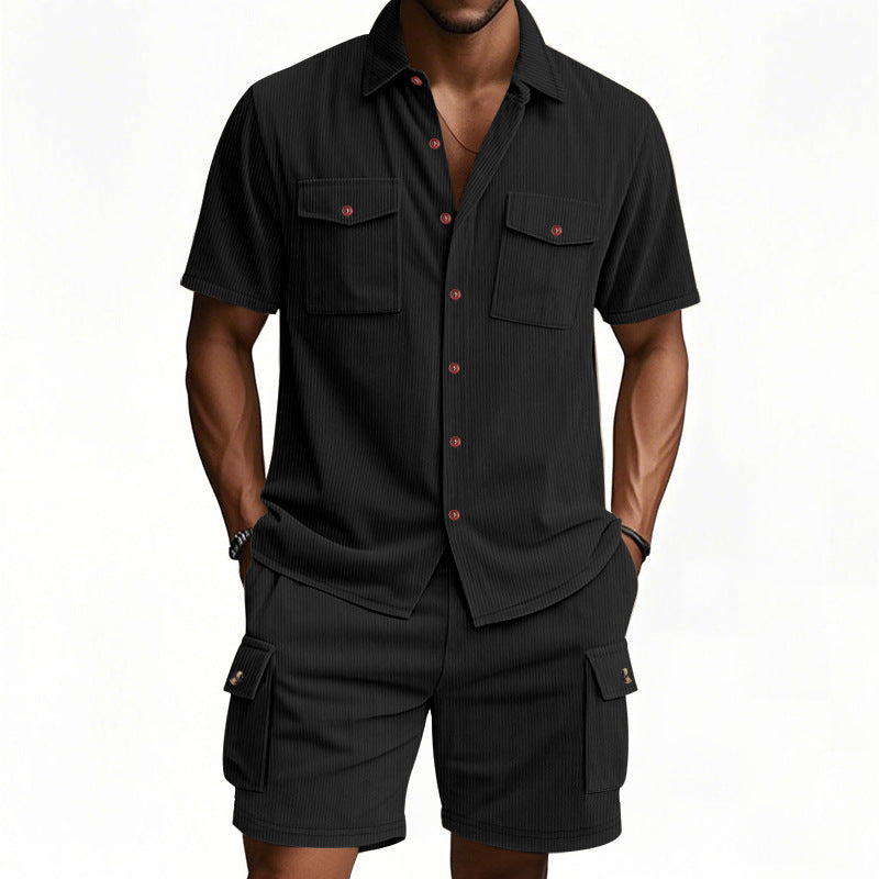 Men's structured short-sleeve shirt and bermuda set with flap pockets and elastic waistband StylebySassy