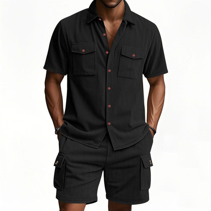 Men's structured short-sleeve shirt and bermuda set with flap pockets and elastic waistband StylebySassy