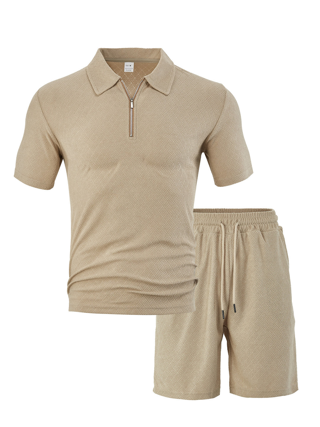 Men's comfortable short sleeve half zip set with polo collar and elastic cord pants made of textured knit StylebySassy