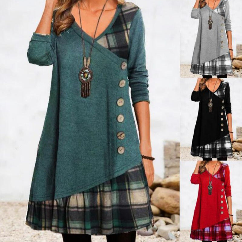 Women's asymmetrical V-neck tunic dress with decorative button placket and animal print trim StylebySassy