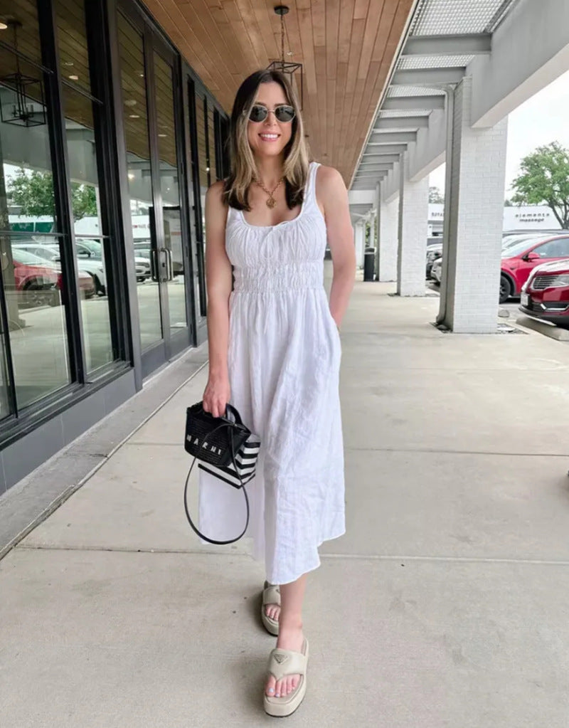 Women's knee-length linen look dress with smocked bodice, elastic waistband and wide straps StylebySassy