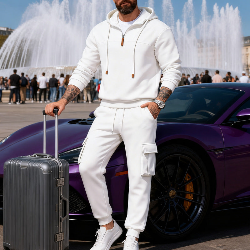 Men's casual fleece tracksuit with half zipper and cargo pockets StylebySassy
