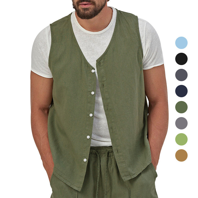 Men's casual sleeveless shirt waistcoat made of linen-cotton blend with V-neck and full button placket StylebySassy